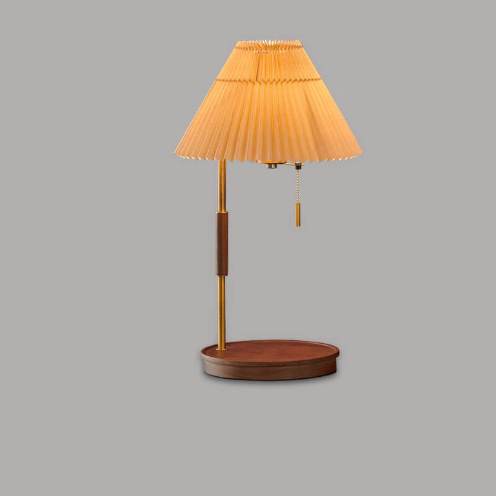Lámpara de Mesa de 1 Luz con Base Redonda de Madera de Nogal y Pantalla Plegada Moderna 
