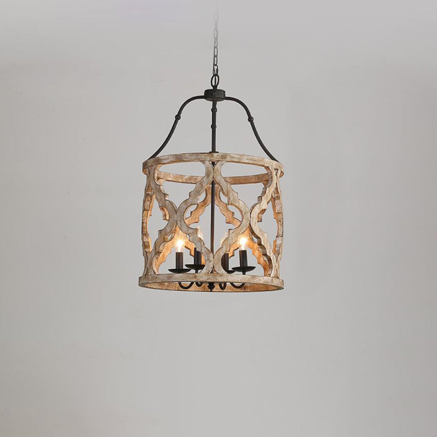 Europäischer Vintage Kronleuchter aus Holz, Eisensäule mit 4 Leuchten 