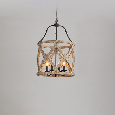 European Vintage Wooden Iron Column 4-Light Chandelier