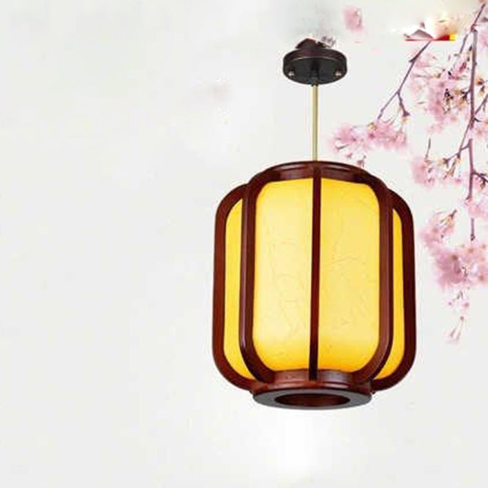 Traditional Chinese Faux Sheepskin Wooden Lantern Round 1-Light Pendant Light for Living Room