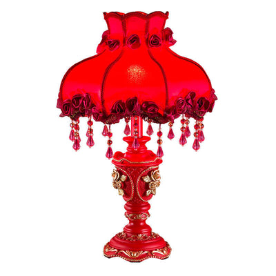 European Wedding Red Fabric Tassel Resin 1-Light Table Lamp