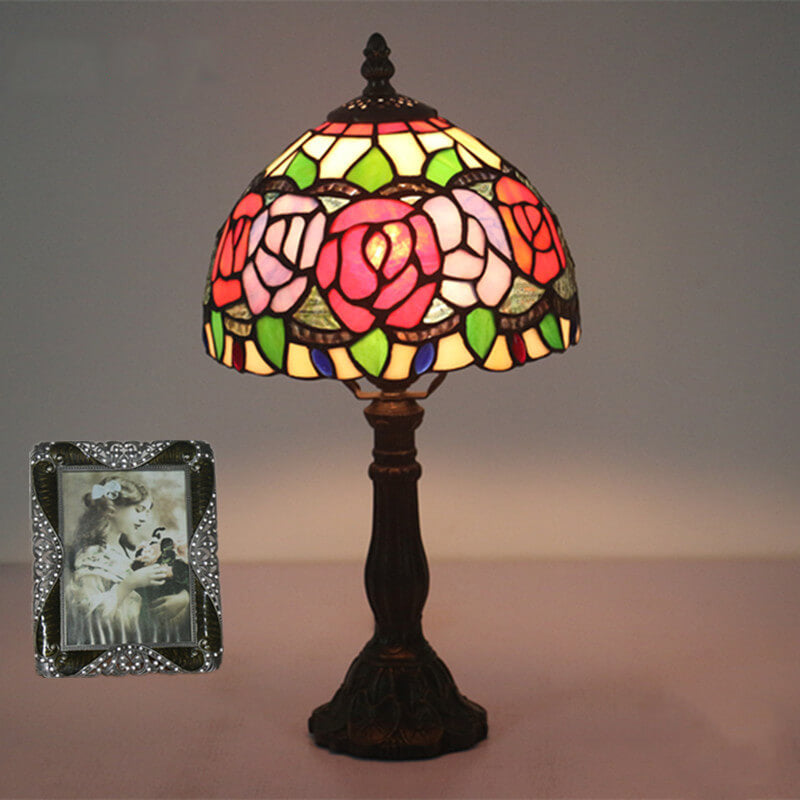 Lámpara de Mesa Retro Tiffany Flor de Rosa en Vidrio de Colores con 1 Luz 