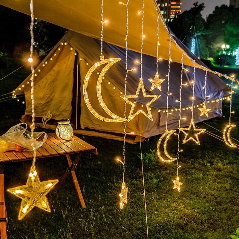 LED-Solar-Stern-Mond-Vorhang-Licht-Weihnachtsterrasse im Freien Dekorative Camping-Schnur-Lichter 