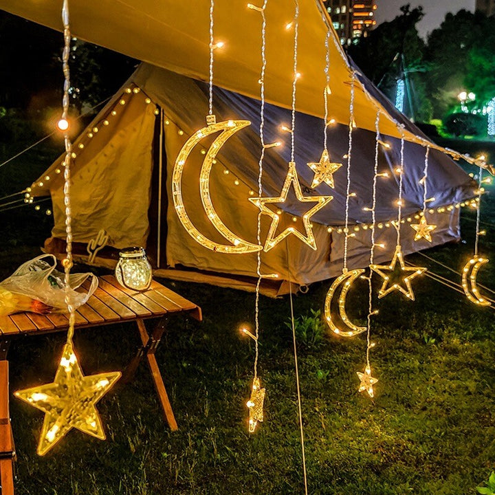 LED-Solar-Stern-Mond-Vorhang-Licht-Weihnachtsterrasse im Freien Dekorative Camping-Schnur-Lichter 
