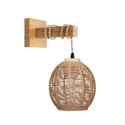 Contemporary Boho Rattan Weaving Cage Wooden Beams 1-Light Wall Sconce Lamp For Living Room