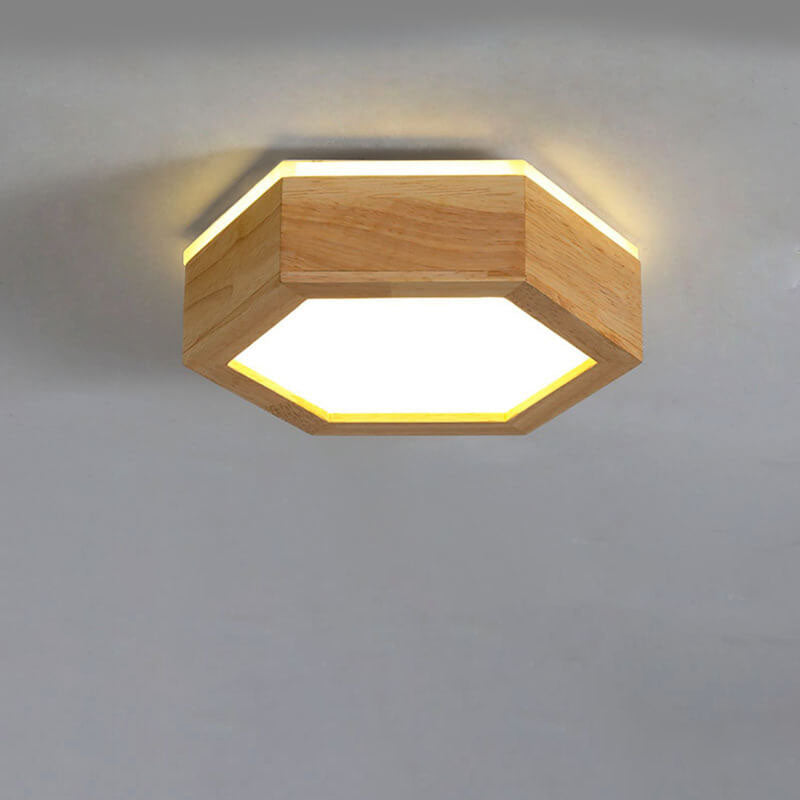 Moderne einfache LED-Deckenleuchte mit sechseckiger Geometrie aus Holz