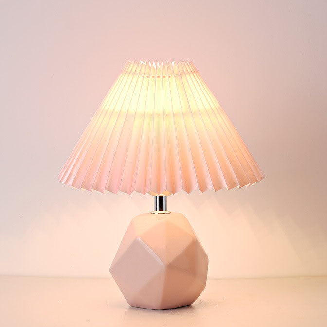 Contemporary Creative Pleated Fabric Shade Imitation Stone Base 1-Light Table Lamp For Bedroom