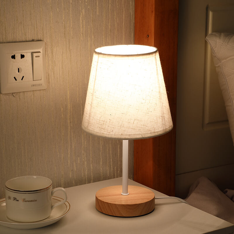 Nordic Vintage Fabric Cone Solid Wood LED Table Lamp
