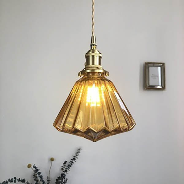 Modern Art Deco Brass Glass Diamond Shape 1-Light Pendant Light for Living Room