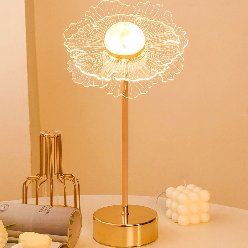 Moderne minimalistische LED-Tischlampe aus Acryl mit Blumen- und Schmetterlingsmotiv in Gold für das Schlafzimmer 