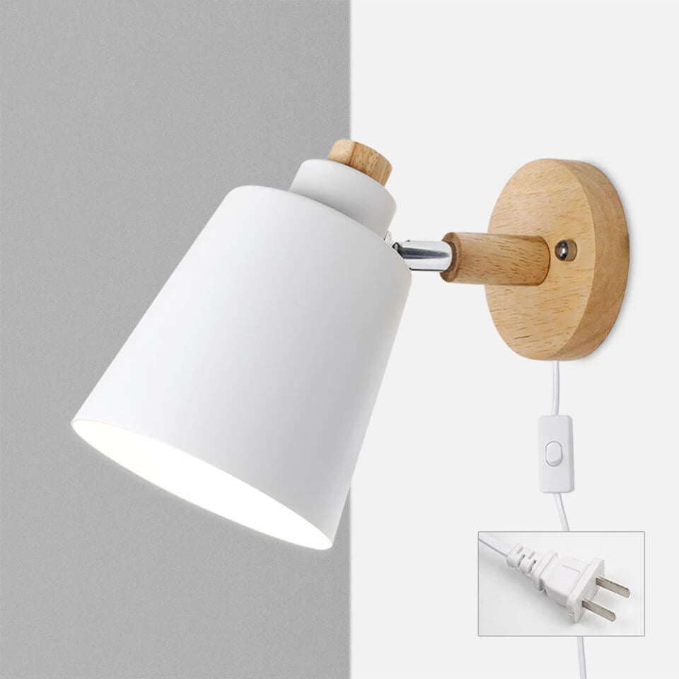 Minimalist Macaron Barrel Shade Wooden Chassis Plug 1-Light Wall Sconce Lamp for Living Room
