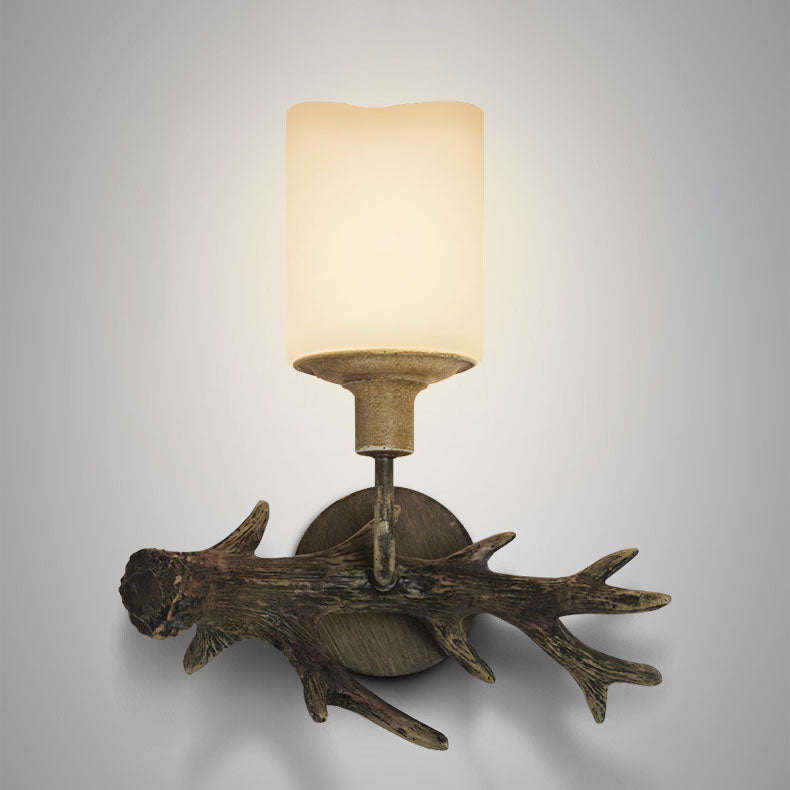 Contemporary Industrial Antler Resin Glass Cylinder 1-Light Wall Sconce Lamp For Living Room &amp; Bedroom