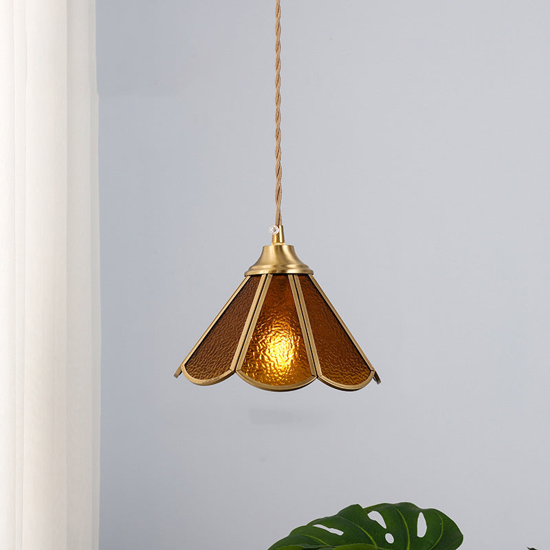 Traditional Vintage Petal Cone Glass Copper 1-Light Pendant Light for Living Room