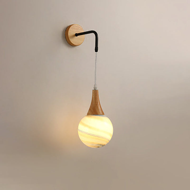 Traditional Vintage Wood Frame Moon Textured Globe Shade 1-Light Wall Sconce Lamp For Bedroom