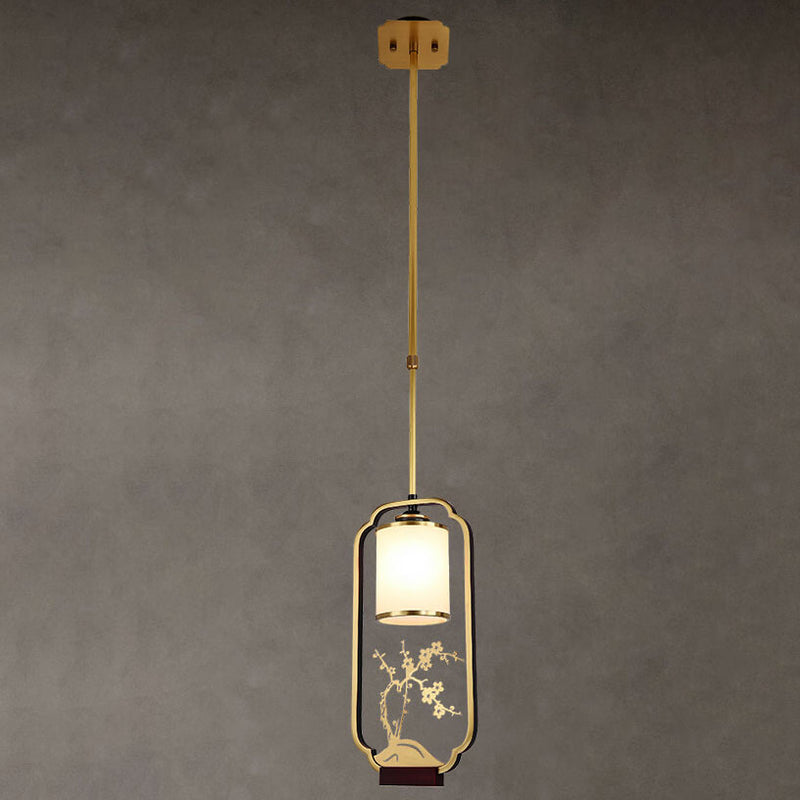 Modern Chinese Glass Shade Ring Brass Zen 1-Light Pendant Light