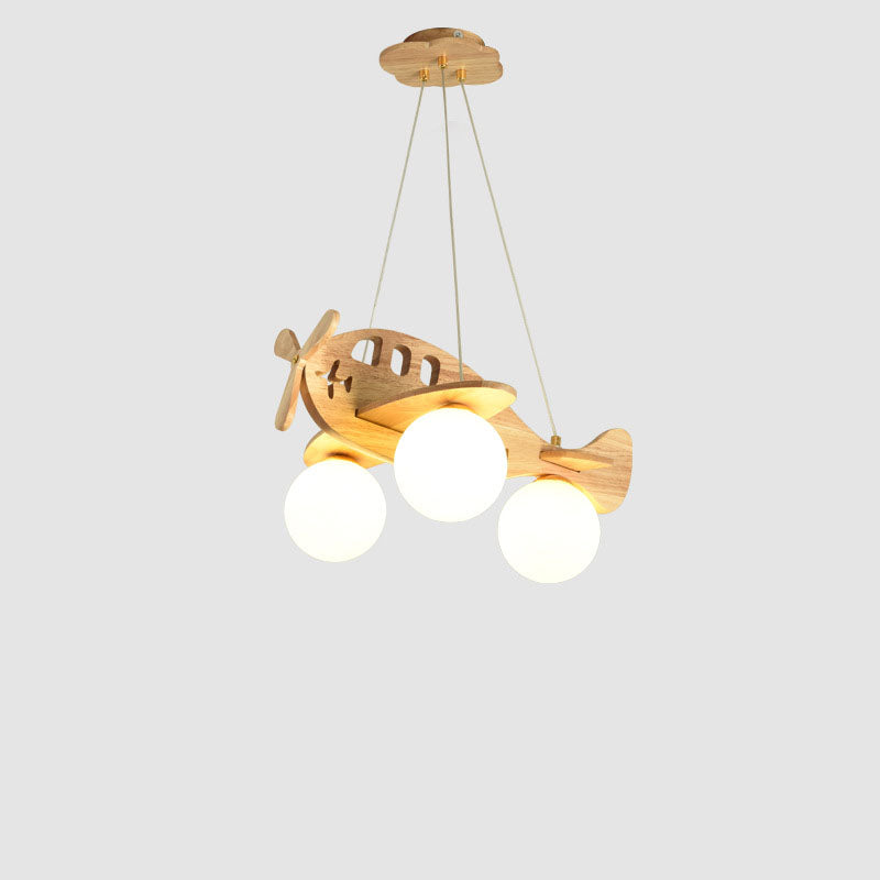 Contemporary Creative Solid Wood Glass Planes Magic Beans Cartoon Kids 3-Light Chandelier For Living Room &amp; Bedroom