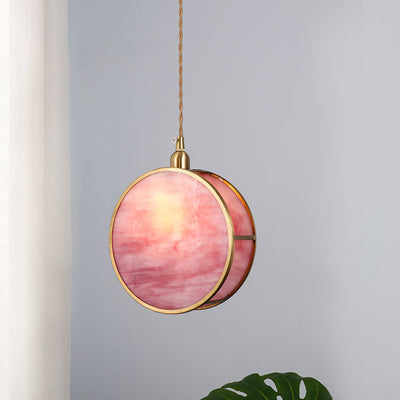 Japanese Vintage Round Drum Glass Brass 1-Light Pendant Light