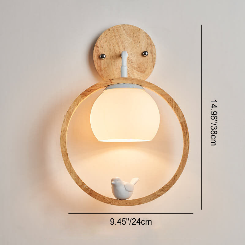 Nordic Minimalist Glass Wood Ring Bird Design 1-Light Wall Sconce Lamp