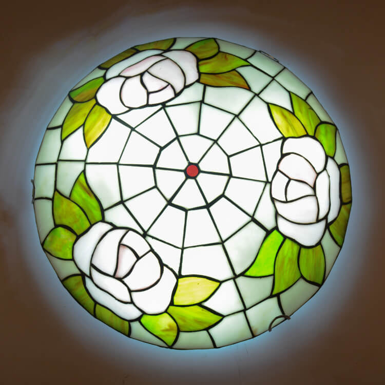 Tiffany Orchid Rose Stained Glass Round 2/3/4 Light Flush Mount Ceiling Light