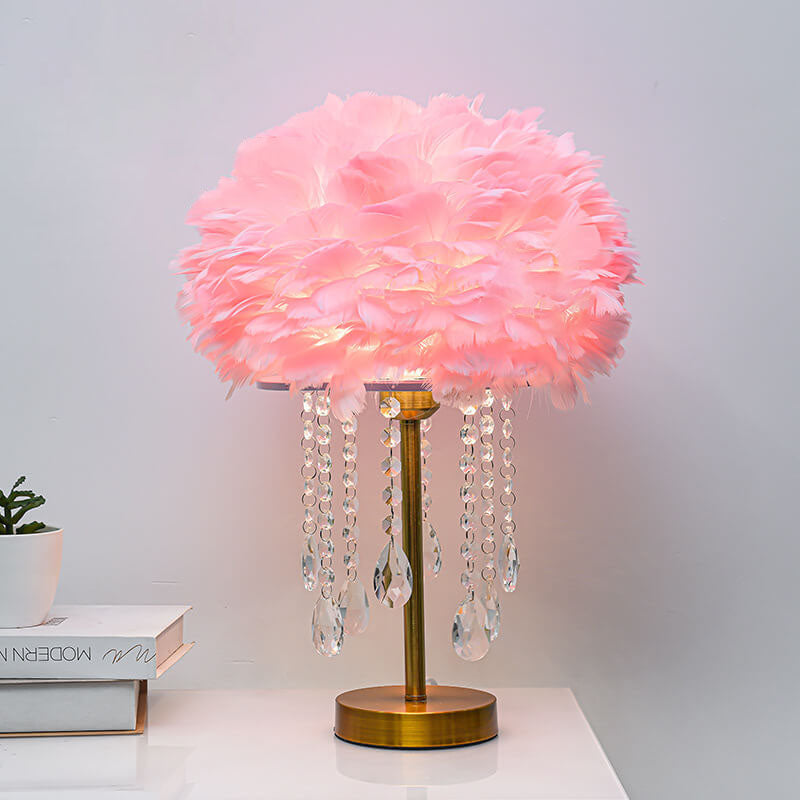 Modern Minimalist Feather Round Crystal Beads 1-Light Table Lamp For Bedroom