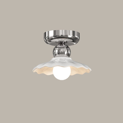 Lustre de plafond semi-encastré moderne en céramique avec dentelle ronde crème à 1 lumière 