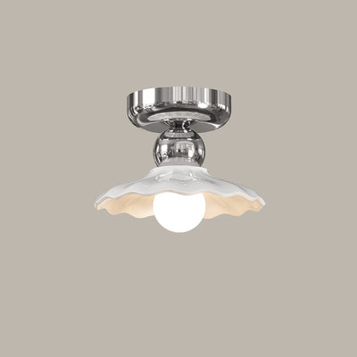 Modern Cream Round Lace Iron Ceramic 1-Light Semi-Flush Mount Ceiling Light