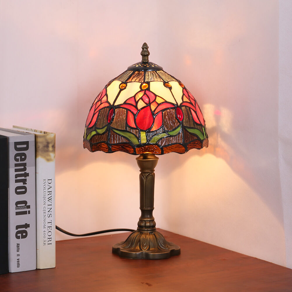 Lampe de table ronde à 1 lumière en verre teinté Tiffany Rustic Tulip 