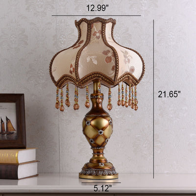 European Vintage Fabric Tassel Bead Resin 1-Light Table Lamp