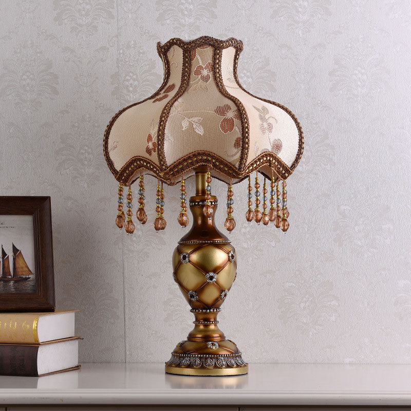 European Vintage Fabric Tassel Bead Resin 1-Light Table Lamp