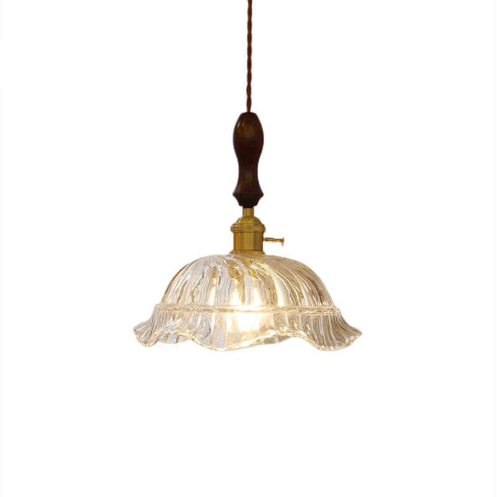 Traditionelle Vintage-Pendelleuchte mit Glas-Blumenschirm, Messing und Walnussholz, 1-flammig, für das Wohnzimmer 