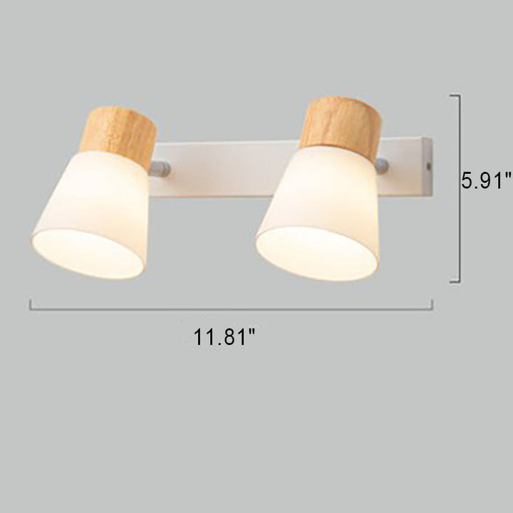 Modern Minimalist Rubberwood Glass Cone Rotatable 1/2 Light Wall Sconce Lamp For Living Room &amp; Bedroom