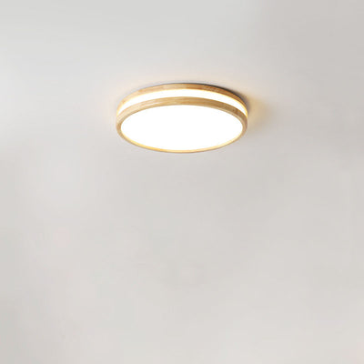 Japanese Simple Round Wooden Thin LED Flush Mount Ceiling Light