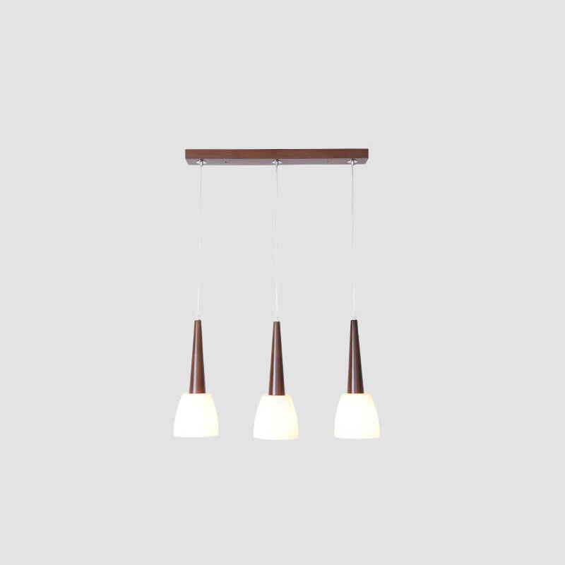 Modern Chinese Walnut Glass Shade 3-Light Chandelier