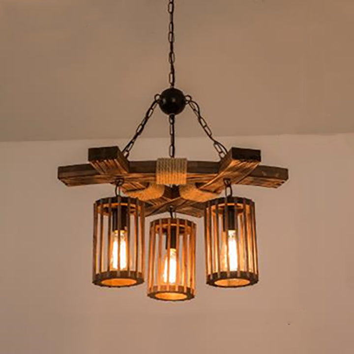 Industry Vintage Kronleuchter aus Holz mit 3/6-Leuchten 