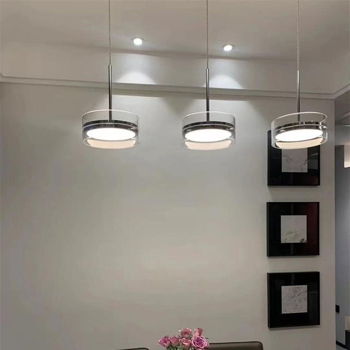 Lámpara de araña LED de isla con pantalla cilíndrica de vidrio de acero inoxidable escandinavo contemporáneo para comedor 