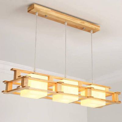 Japanese Simple Log Square Glass Wooden Frame 1/3 Light Chandelier