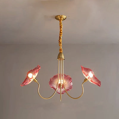 Modern Art Deco Gold Finish Frame Lotus Leaf Glass Shade 3/6-Light Chandelier For Living Room