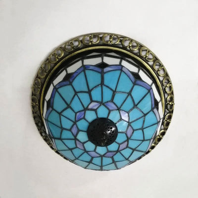 Traditional Vintage Mediterranean Stained Glass Dome 3-Light Flush Mount Ceiling Light For Living Room