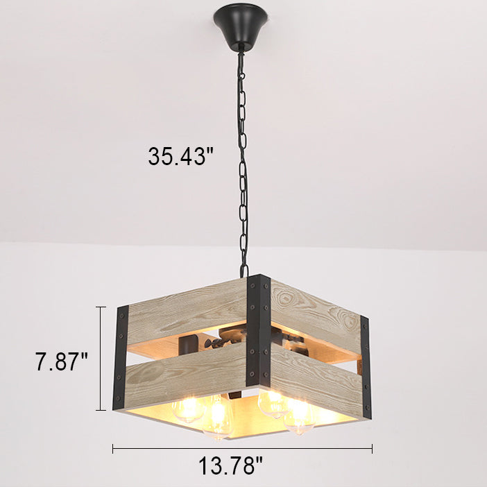 Industrieller quadratischer Vintage Holzkäfig 1/4 Kronleuchter