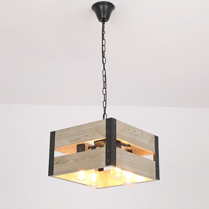Chandelier Vintage Industriel en Bois avec Cage Carrée 1/4 Lumière 