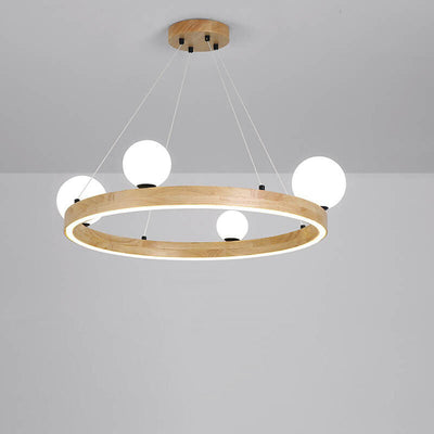 Nordic Minimalist Wood Circle Glass Ball 3/4 Light Chandelier