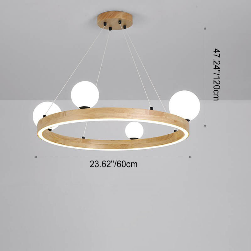 Nordic Minimalist Wood Circle Glass Ball 3/4 Light Chandelier