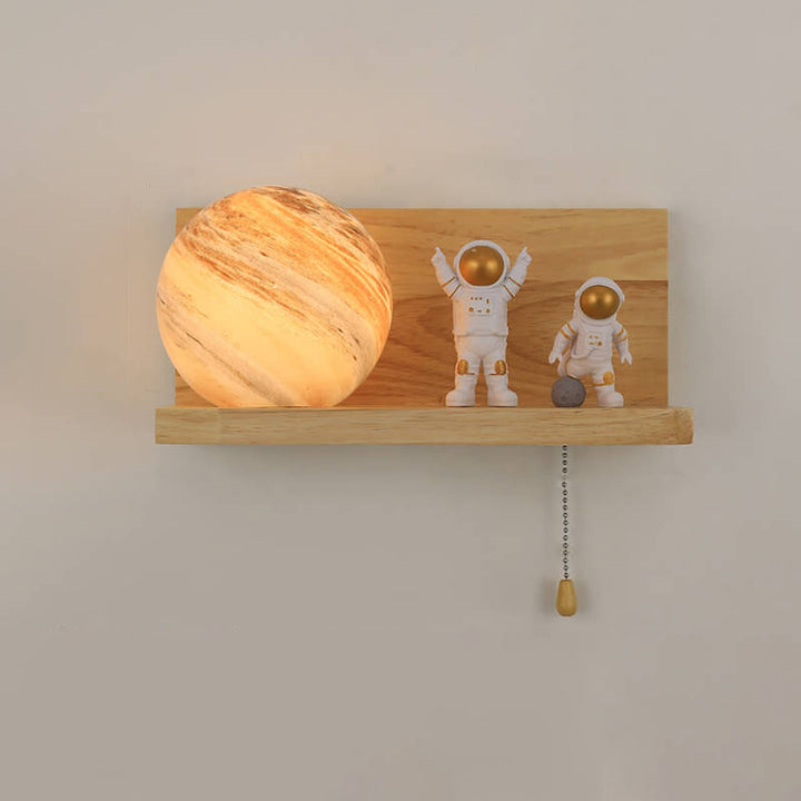 Contemporary Creative Planet Glass Solid Wood Square Base 1-Light Wall Sconce Lamp for Bedroom Living Room