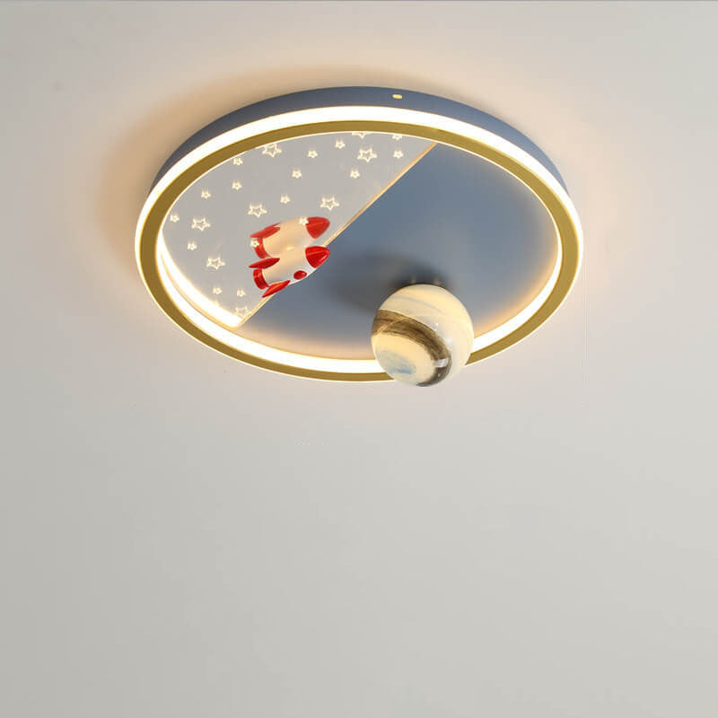 Creative Cartoon Rocket Planet Round Iron LED Kids Flush Mount Ceiling Light