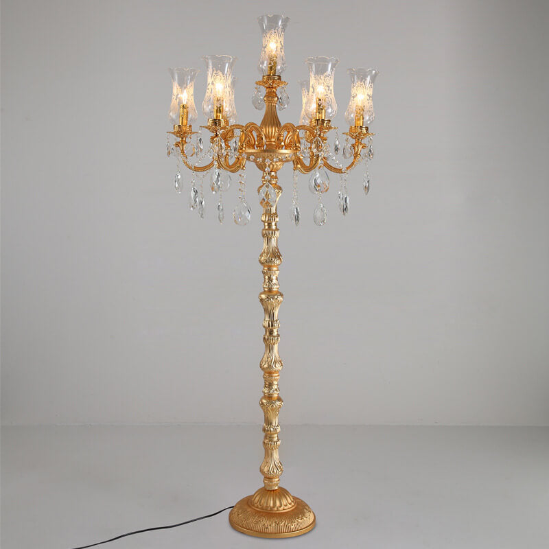 Traditional Luxury Golden Crystal Zinc Alloy Candle Holder 7-Light Standing Floor Lamp For Bedroom