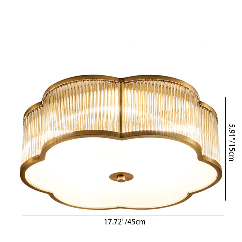 Moderne Luxus gerippten Glas Schatten Messing Rand 4-Licht Unterputz Deckenleuchte für Wohnzimmer 