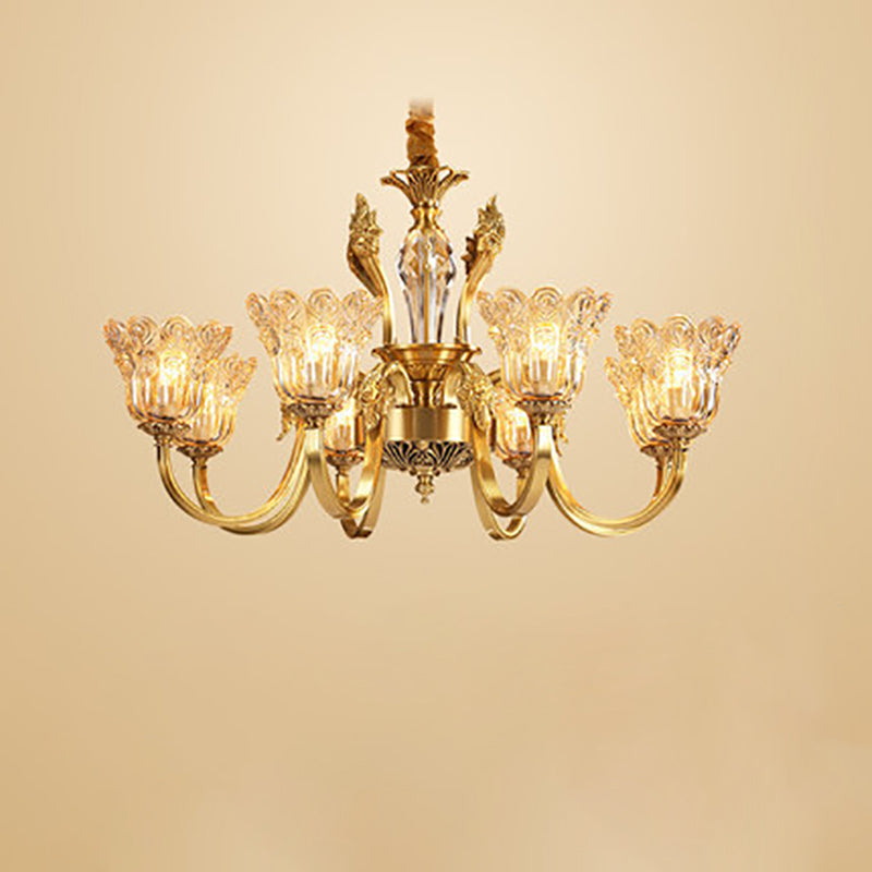 Traditional French Gold Finish Frame Floral Glass Shade 6/8-Light Chandelier For Living Room