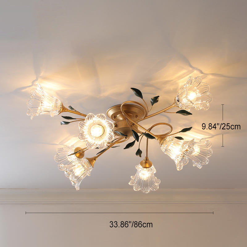 Traditional European Floral Iron Glass 6/8/10 Light Semi-Flush Mount Ceiling Light For Bedroom