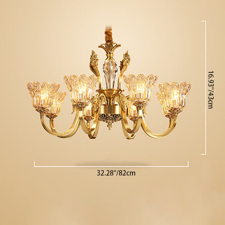 Lámpara de araña con pantalla de vidrio floral y acabado dorado tradicional francés de 6/8 luces para sala de estar 