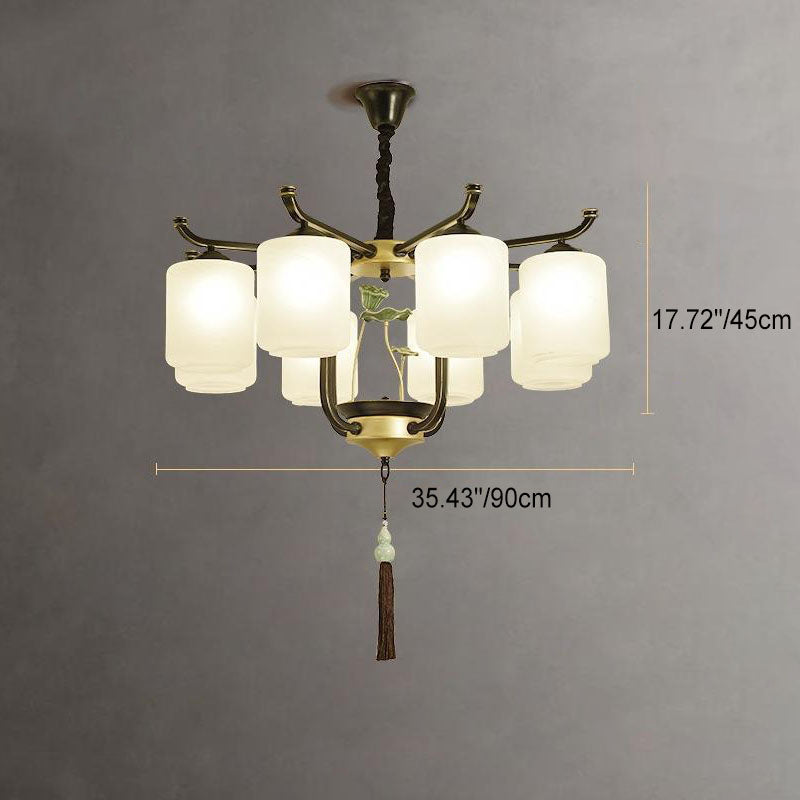 Traditioneller chinesischer Eisenrahmen Zylinder Glasschirm 6/8/10/12-Licht Kronleuchter für Wohnzimmer 